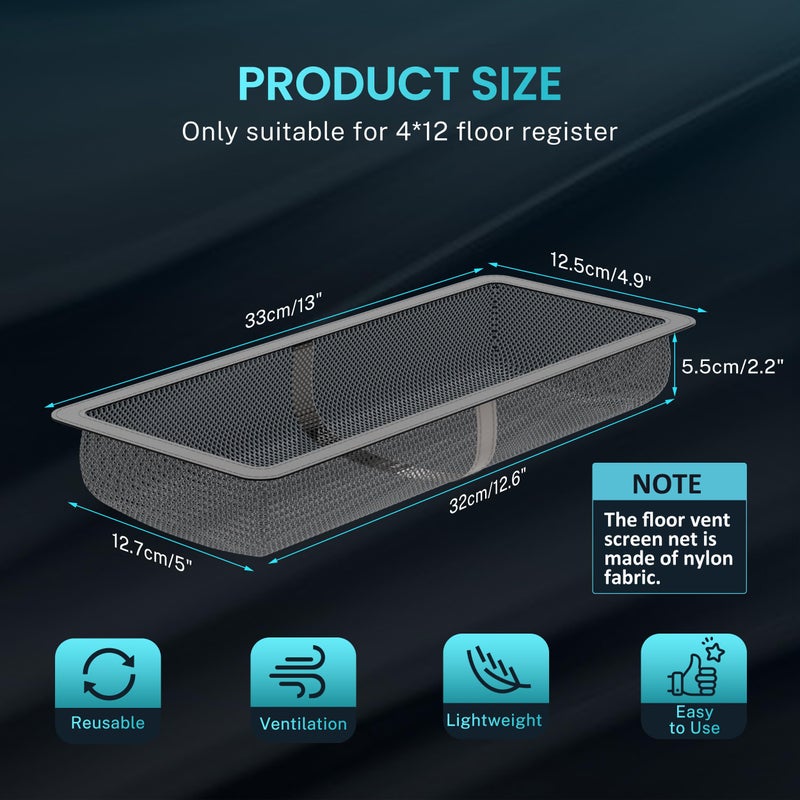 HG Power 4 Pack Floor Register Cover Trap, HG Power 4 x 12 Inch Floor Vent Screen Net, Nylon Fabric Mesh Air Vent Filter for Home Floor, Catches Coins, Toys, Snacks, Pet Hair, Pet Food(4 Pcs Grey) - Image 2